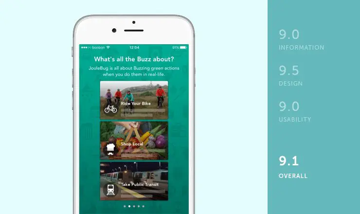 JouleBug mobile app rated by information, design and usability on behalf of Shoutem team for review of environmental apps