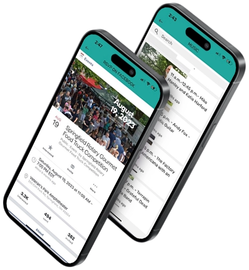 Two smartphones displaying event app pages.