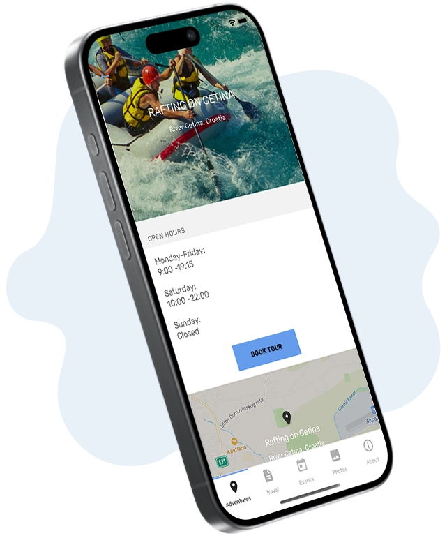 Shoutem travel app showing whitewater rafting tour with 'Book Tour' button.